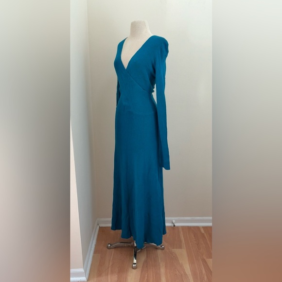 Tome Runway Teal Ribbed Merino Wool V Neck Long Sleeve Maxi Dress Size Medium - Picture 2 of 15